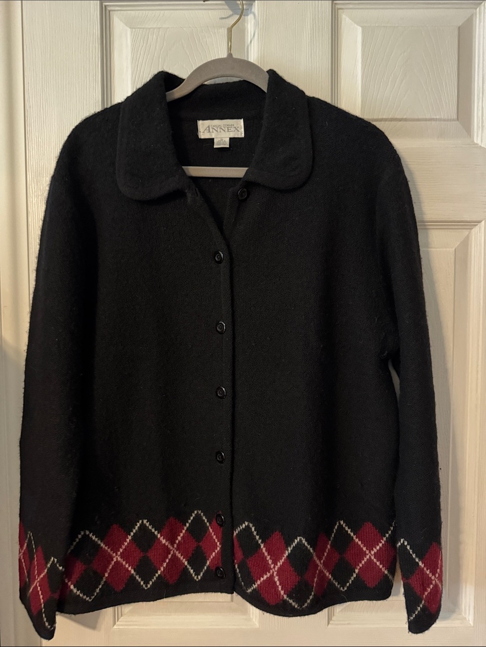 Casual Corner Annex Black Argyle Button-Up Boiled Wool Cardigan